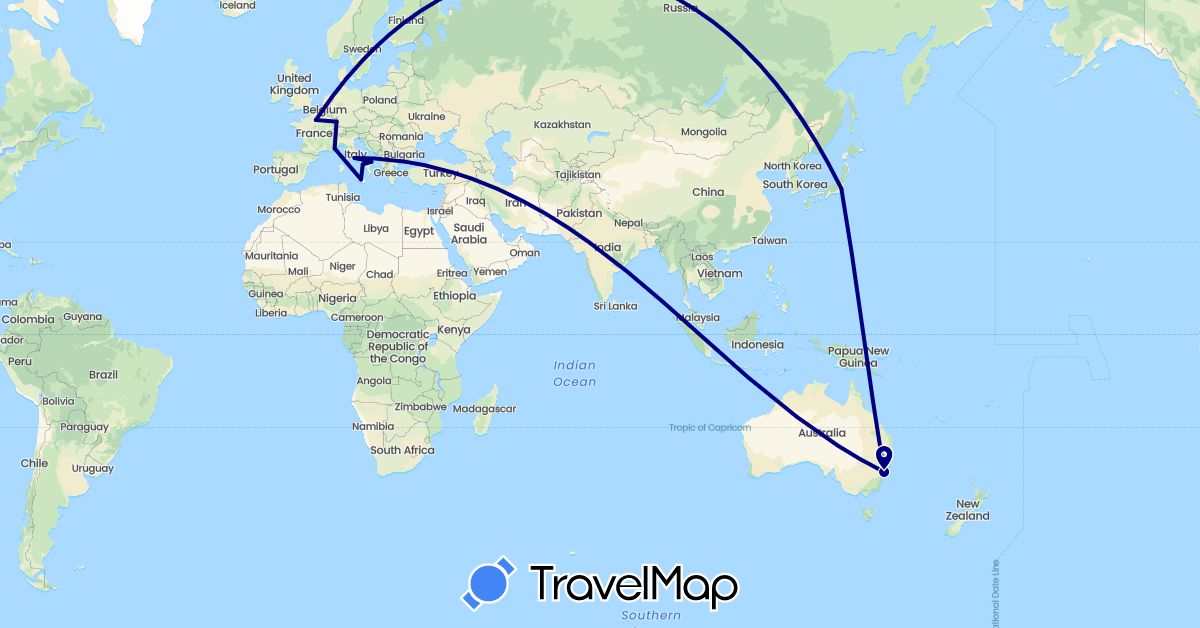 TravelMap itinerary: driving in Australia, France, Italy, Japan (Asia, Europe, Oceania)